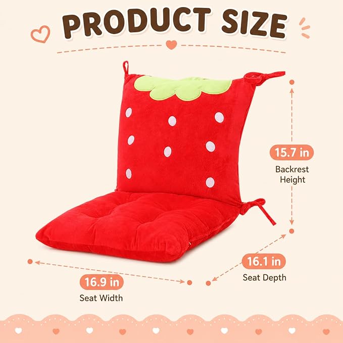 ChezMax Chair Cushion Plush Seat Cushion Back Cushion with Ties Thickened Desk Chair Pads Cartoon Waist Pillow Cushion Decor for Chair Car Office Patio Wheelchair Cartoon Strawberry