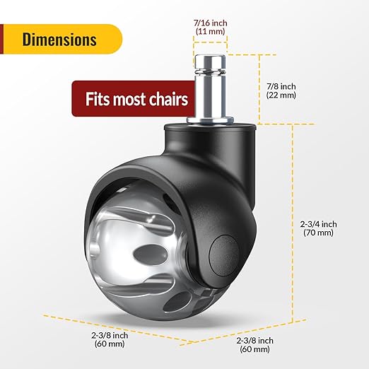 HOLKIE Office Chair Wheels Replacement Heavy Duty - 11x22mm Universal Fit 2 Inch Rubber Casters for Carpet Hardwood Floors - Desk Chair Roller Wheels Set of 10 Grey Smooth & Silent