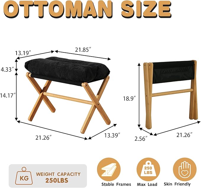 Baveke Ottoman Foot Rest- Bamboo Foldable Stool, Foot Stools Small Ottman with Upholstered & X Legs, Folding Stool for Makeup, Bedroom and Living Room (Black)