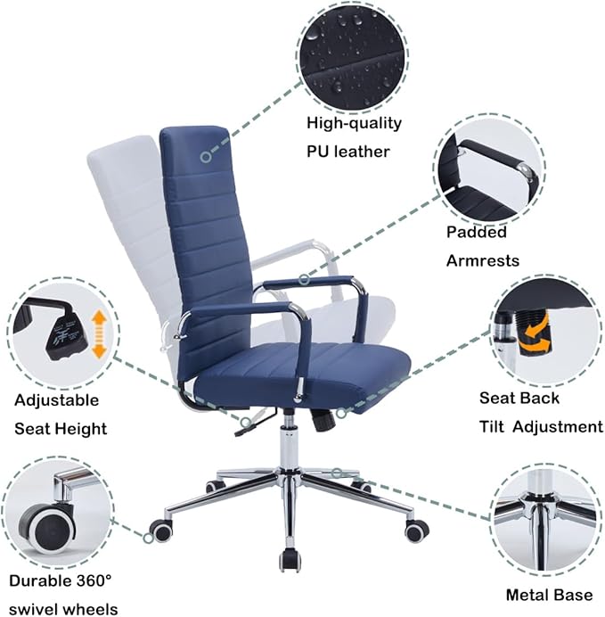 Navy Blue Leather Ribbed Office Desk Chair, Ergonomic High-Back Executive Conference Room Chairs with Wheels, Adjustable Swivel Computer Task Chair with Arms and Thick Padded Seat
