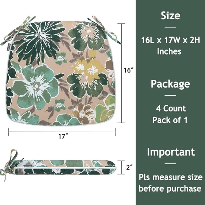 Magpie Fabrics 17"x16"x2" U-Shape Chair Cushions with Ties 4 Count, Outdoor Indoor Waterproof All Weather Seat Pads Decoration for Patio Garden Dining Office - Green Floral