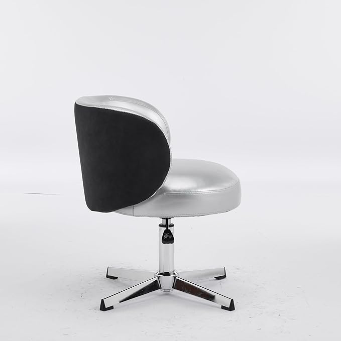 VINGLI Cute Small Swivel Desk Chair Comfy no Wheels,Ergonomic Low-Back Lumbar Support Vanity Nail Tech Computer Task Stool Chair for Home Office,Height Adjustable,PU Leather Silver&Suede Black