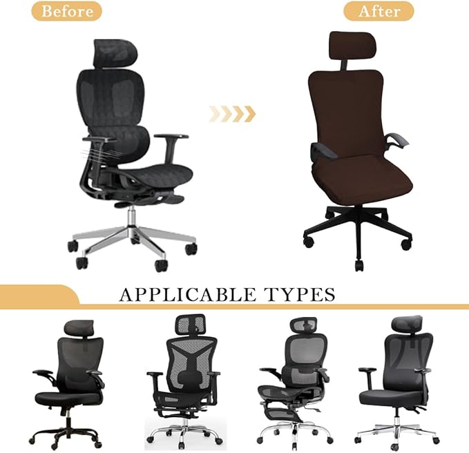 Ergonomic Office Chair Covers Set with Headrest Cover Stretch Desk Computer Chair and Headrest Slipcovers Washable Protector Slipcovers for Swivel Computer Chair 4 Pieces Tan
