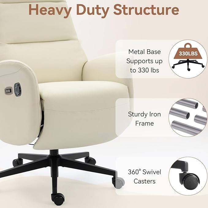ECOTOUGE Ergonomic PU Leather Recliner Chair with Footrest, Electric Executive Office Chair for Home Office, Adjustable Seat Height and Backrest, 330 lbs Capacity, Beige