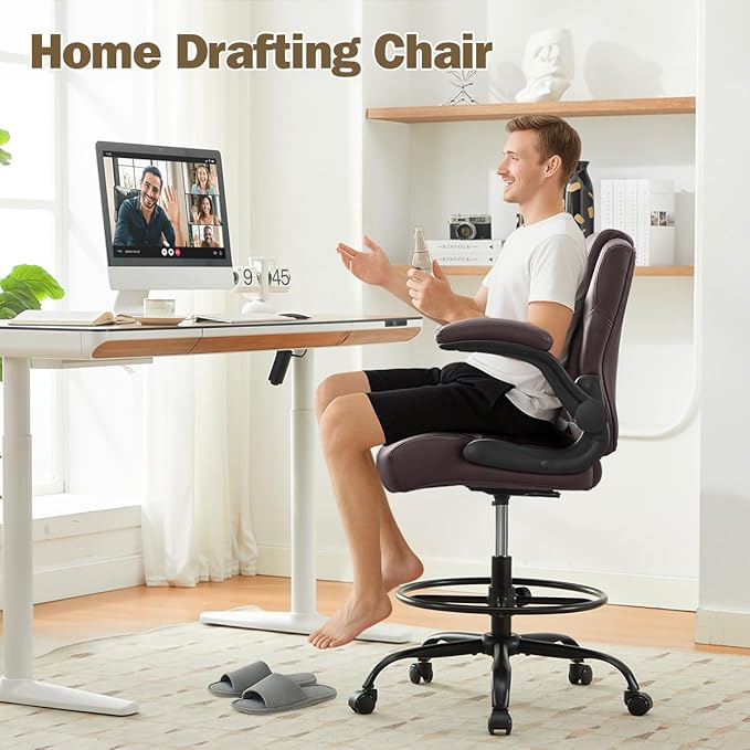 Ergonomic Drafting Chair,Tall Office Chair for Standing Desk with Flip-Up Armrests,Adjustable Foot Ring & Height, High Leather Executive Office Chair for Home,Drawing or Counter Height Use