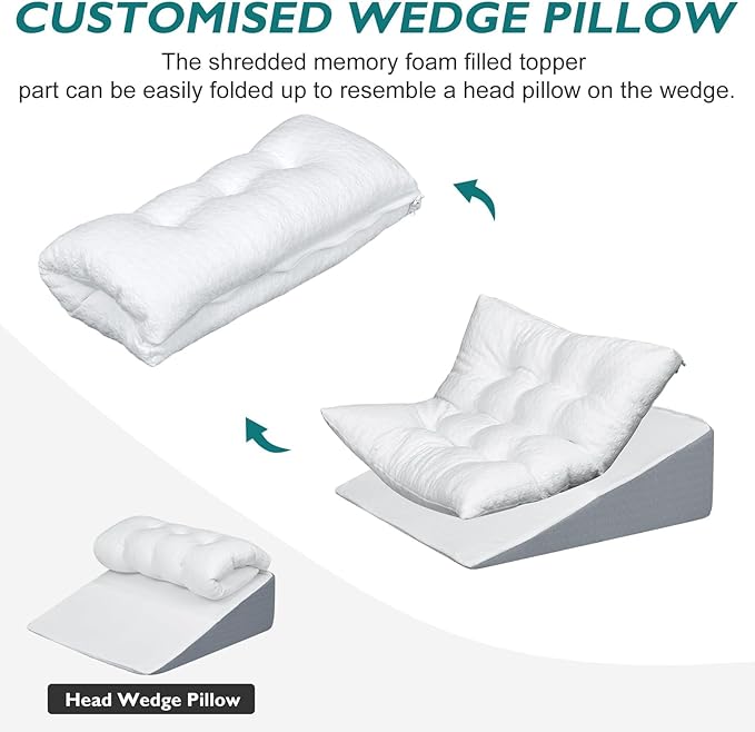 Bed Wedge Pillow for Sleep Apnea 10 Inch Gerd Pillow Patent Dual Layer Triangle Pillow Adjustable Shredded Memory Foam Topper Soft Support Ideal for Acid Reflux, After Surgery, Snoring