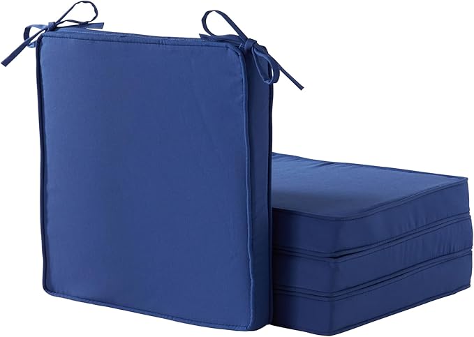 Outdoor 18 inch Square Patio Dining Chair Pads – Comfortable Fiber-Filled Seat Cushions with Ties, Reversible Polyester Fabric - Marine Blue, Set of 4