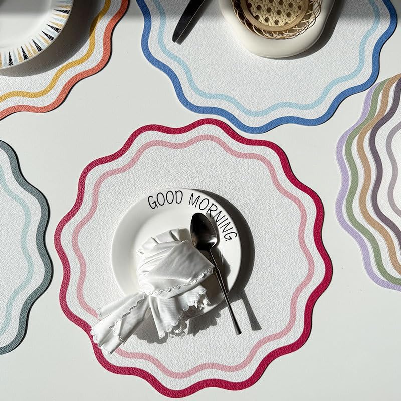 Printed Flower Shape Leather Placemat Insulated Table Mat for Kitchen Dining Table Striped Waterproof Heat-Resistant Plate Mat (Flowers Light green1,34cm Round)