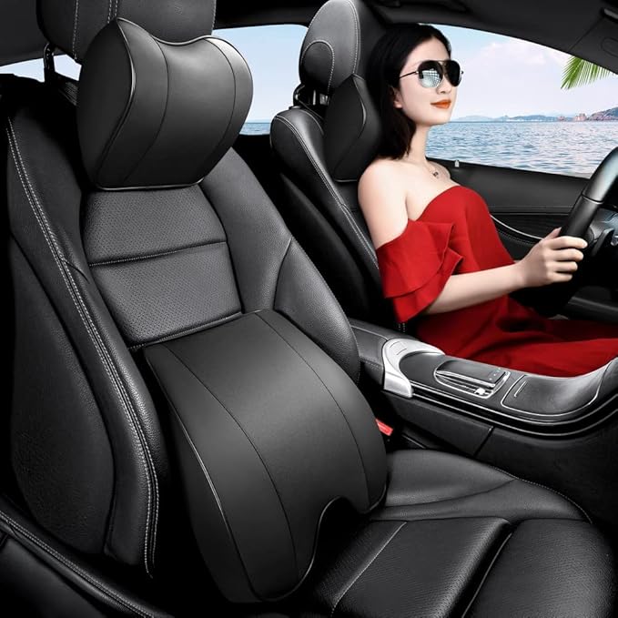 Memory Foam PU Leather Lumbar Pillow - Car Middle/Lower Back Support Pillow - Suitable for Car Seats, Office Chairs, Recliners, etc. (Black)