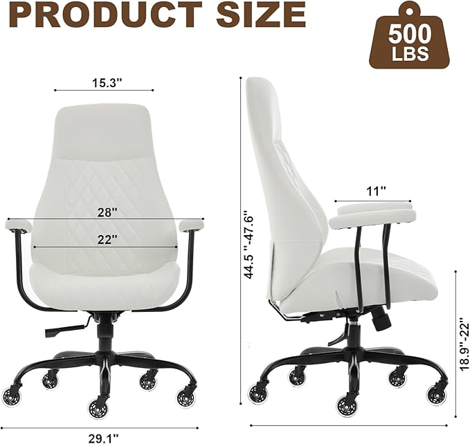 E-Motie Office Chair with Rubber Wheels, Ergonomic Computer Chair 500 lbs, Leather Desk Chair with Lumbar Support, Executive Chair Adjustable Height & Recline, White
