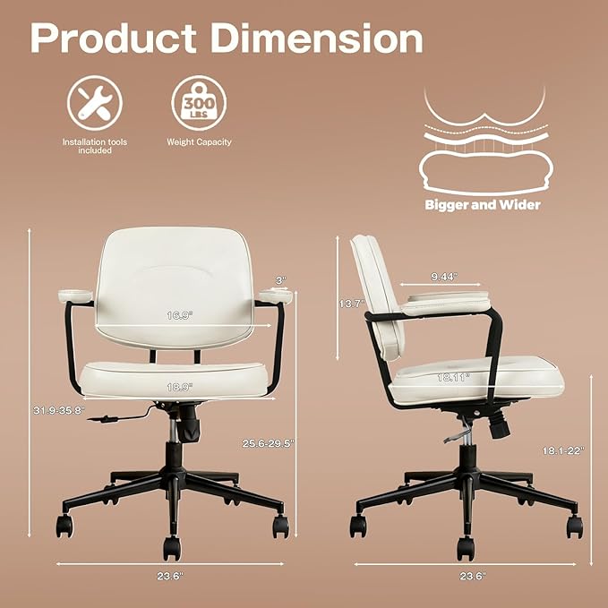 Home Office Chair, Ergonomic Desk Chair with Lumbar Support, Adjustable Height Rolling Swivel Task Chair with Armrests, PU Leather, for Meeting,Study Room Beige