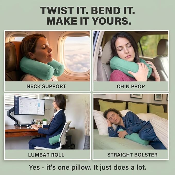 Dot&Dot Twist Memory Foam Travel Pillow for Airplanes - Travel Neck Pillow for Sleeping - Airplane Pillow for Neck Support - Adjustable, Bendable Neck Roll Pillow