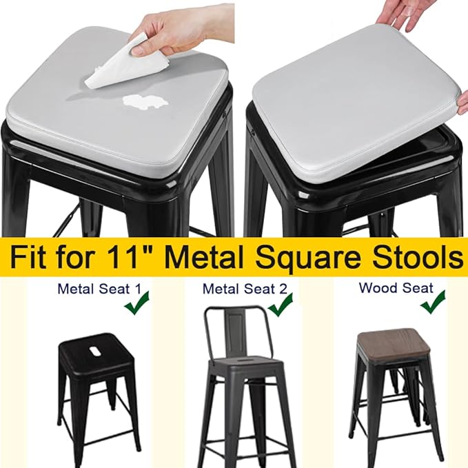 SINOSSO Modern Faux Leather Bar Stool Cushion 1 Piece, Leathaire Magnetic Small Chair Pad for Cafe Bistro Stackable Metal Stool (Square, Light Gray, 1)
