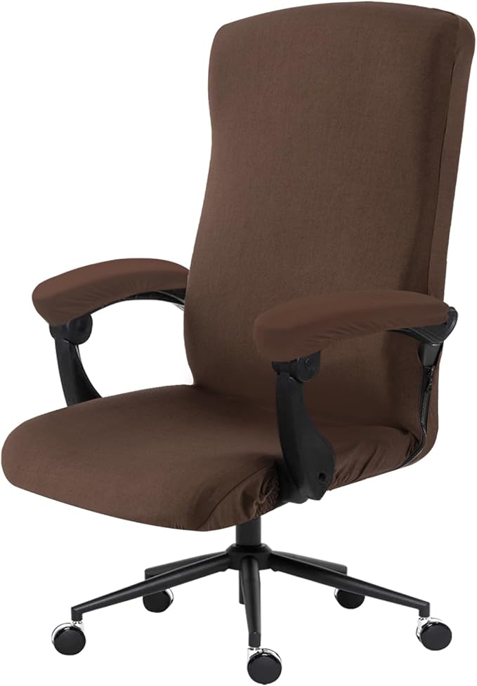Stretch Computer Office Chair Cover with Armrest Covers Durable Zipper Universal Washable Removable Spandex Rotating Boss Chair Slipcovers Anti-dust Soft Desk Chair Seat Protector, Mocha