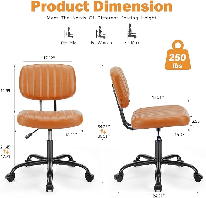 Sweetcrispy Small Office Desk Chair - Armless PU Leather with Comfy Lumbar Support, Height Adjustable Rolling Swivel Task for No Arms, for Adult, Student, Bedroom, Home, Vanity, Brown