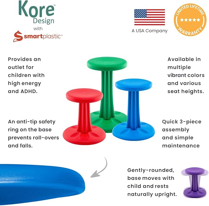 KORE Design Wobble Stool Chair, Girls + Boys Kid Desk Stools, Ergonomic Small Office Chairs, Flexible Seating for Active Child, ADD/ADHD, Classroom, School, Home, Kids (14in), Age 6-7 yrs, Yellow
