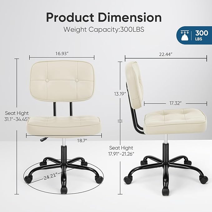 DUMOS Home Office Desk Chair - Ergonomic Armless PU Leather Computer Rolling Task Chair，with Comfy Lumbar Support and Height Adjustable, Vanity, Bedroom, Living Room, Beige