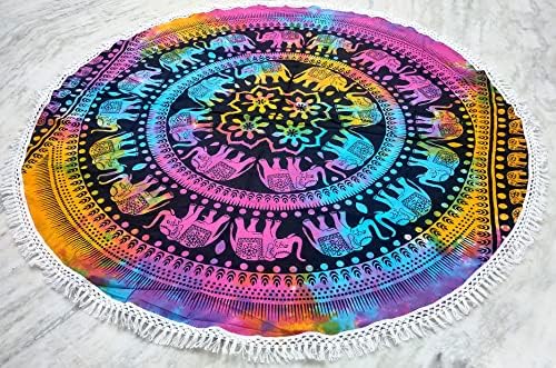 Round Beach Tapestry Turquoise Mandala Throw/Boho Hippie Beach Blanket Roundie/Indian Cotton Bohemian Large Round Table Cloth-Home Decor/Yoga Mat Meditation Picnic Rug (70", Multi Color)