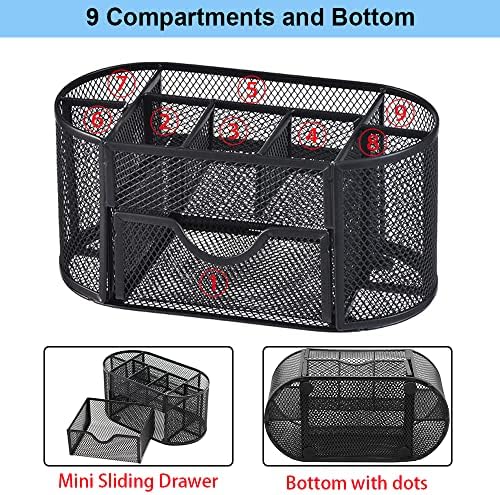 Desk Organizer Stationery Storage, Pencil Holder for Desk, Wire Mesh Office Supplies Desk Accessories Workspace Organizers with 9 Compartments and Mini Drawer (Black)