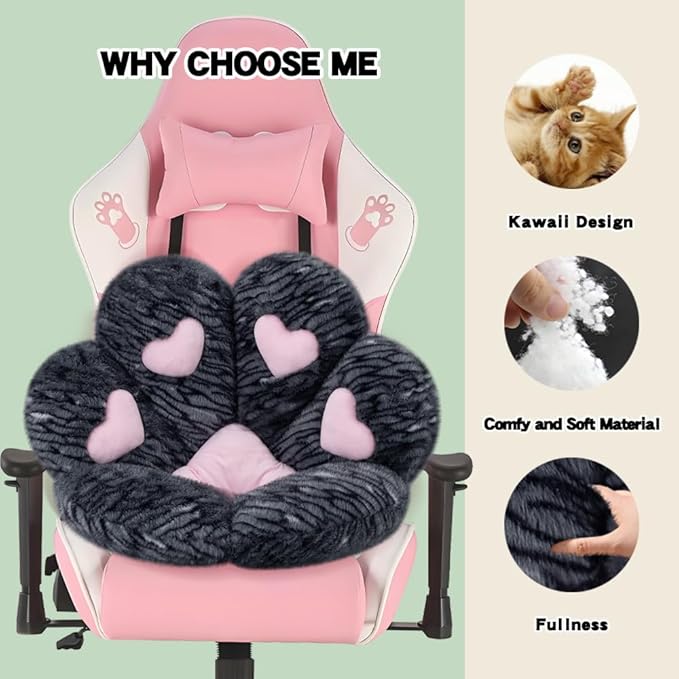 MOONBEEKI Cat Paw Cushion Chair Comfy Kawaii Plush Seat Cushions Shape Lazy Pillow for Gamer Chair 28"x 24" Cozy Floor Cute Seat Kawaii for Girl Worker Gift, Dining Room Bedroom Decorate （Black Silve）