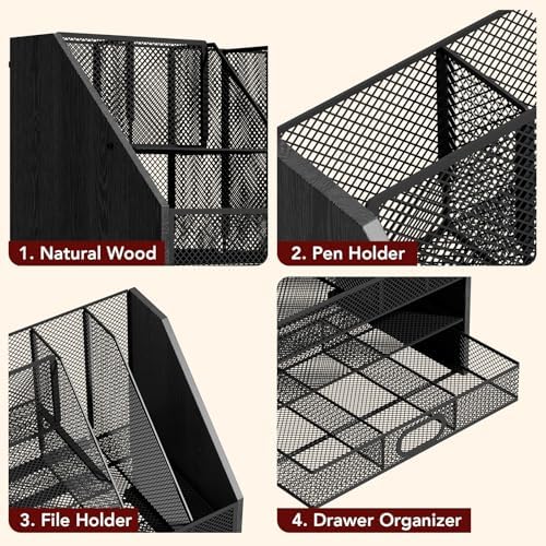 Homsorout Wooden Desk Organizer - Mesh File Organizer with Drawers and Pen Holder - 4-Tier Vertical Paper Letter Storage Tray, Desktop Organizers and Accessories for Home Office (Black