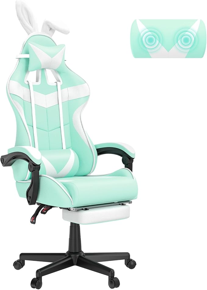 Soontrans Light Green Gaming Chair with Footrest,Lovely Cute Bunny Computer Gamer Chair,Kawaii Desk Chair for Granddaughter,Sister,Girlfriend,Wife and Love