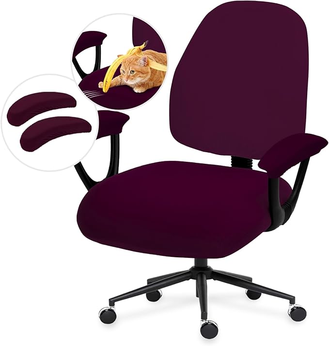 Stretchable Desk Office Chair Seat Covers - Universal Spandex Computer Chair Slipcover - Removable Washable Rotating Backrest Coverings & Cushion Protectors & Armrest Covers for Dogs, Cats, Pets, Plum