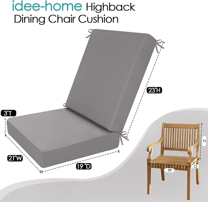 idee-home Outdoor Patio Dining Chair Cushion, High Back Density Foam Chair Cushions Seat with Removable Cover, WeatherResistant Indoor Deep, Grey