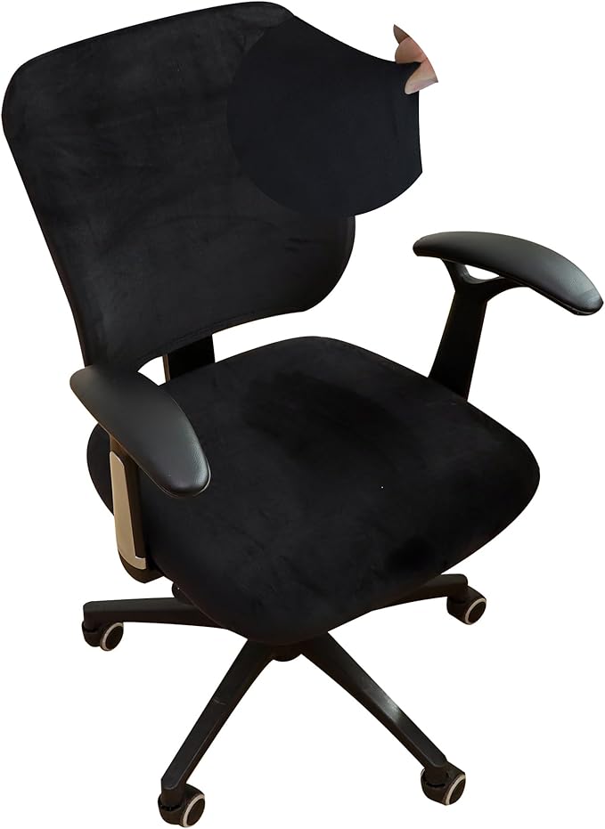 FORCHEER Split Office Chair Cover 2 Piece Black Stretch Velvet Separated Desk Chair Slipcover for Backrest and Seat Washable
