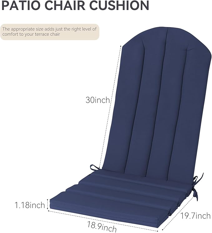 Adirondack Chair Cushion Set of 2 Indoor Outdoor Furniture Cushions Rocking Chair Cushions with Straps Replacement Folding Patio Chair Pad,19.7x18.9x1.5 Inch（Navy）