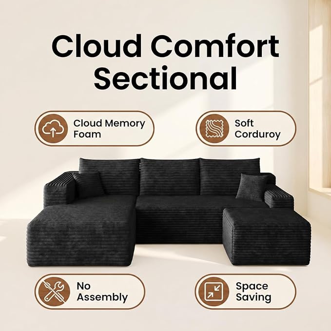 94" Black Fluffy Couch with Ottoman for Living Room, Corduroy No Bones Sectional Couch,Compressed Memory Foam Cloud Sofa,No Assembly Required,Left Facing Chaise,Black