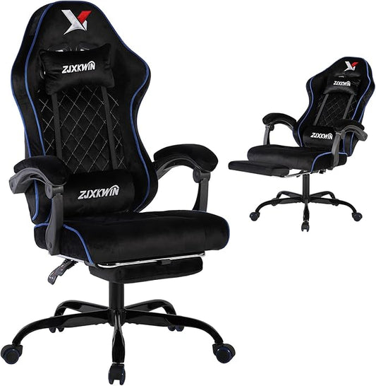 Velvet Gaming Chair, Ergonomic High Back Racing Chair with Footrest, Spring Wide Cushion, Adjustable Headrest & Lumbar Support, 90-135° Recline, 360° Swivel, 300lbs for Home Office, Blue
