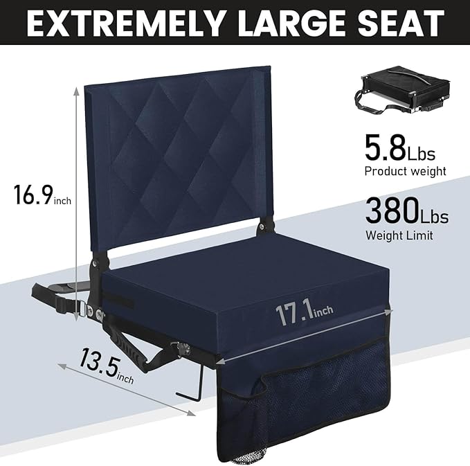 Sheenive Stadium Seats for Bleachers with Back Support, Bleacher Seats with Backs and Cushion Wide, Padded Portable Folding Comfort Stadium Chair with Shoulder Strap, Navy Blue 2 Pack