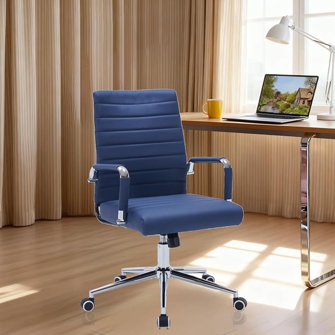 Leather Ribbed Office Desk Chair, Ergonomic Mid-Back Executive Conference Room Chairs with Wheels, Adjustable Swivel Computer Task Chair with Arms and Thick Padded Seat,Navy Blue