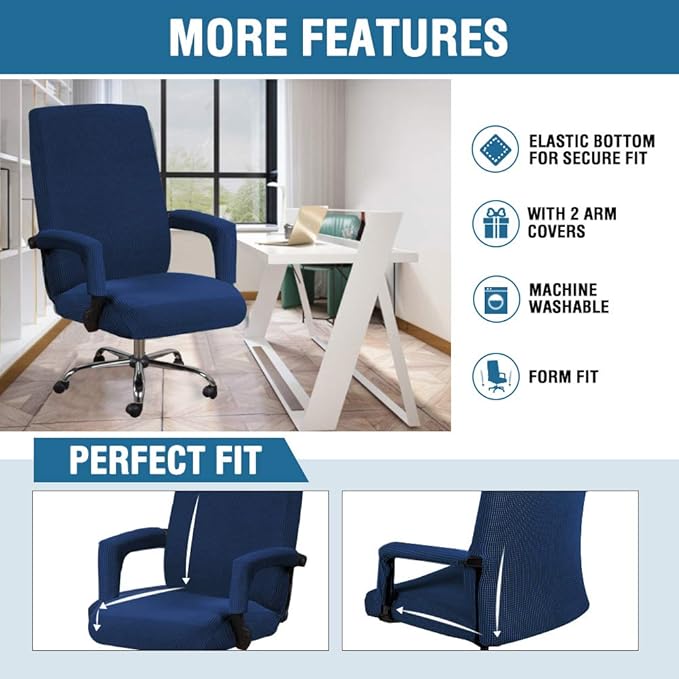 H.VERSAILTEX Office Chair Covers, Stretch Computer Rotating Chair Cover with Armrest Covers, Modern Jacquard with Zipper Simplism Style High Back Boss Chair Slipcover,Navy