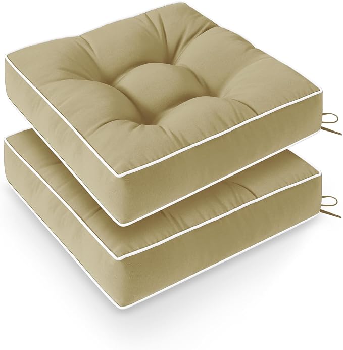 Wellsin Outdoor Chair Cushions Set of 2, Patio Cushions for Outdoor Furniture, Tufted Water-Resistant Outdoor Chair Pads, 19 x 19 Inch, Khaki