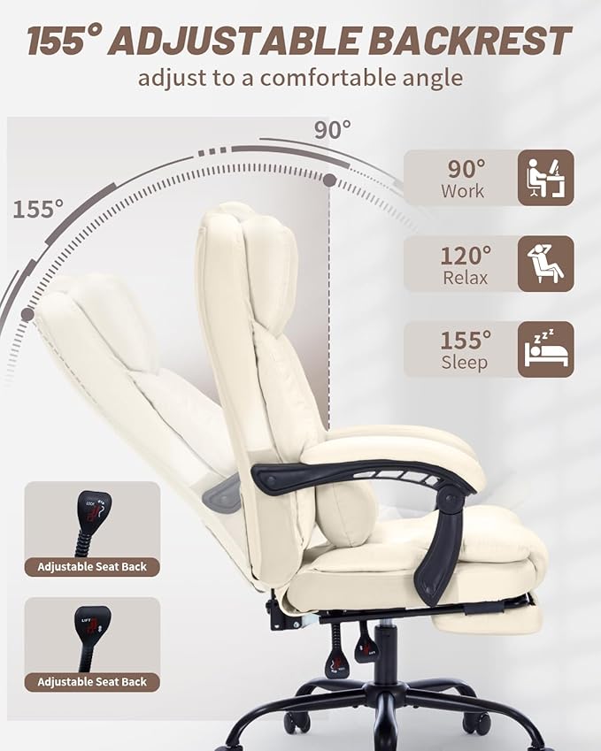 600lbs Office Chair with Footrest, Executive Chair with Padded Armrests, Reclining Desk Chair with Lumbar Support, High Back Leather Chair for Heavy People