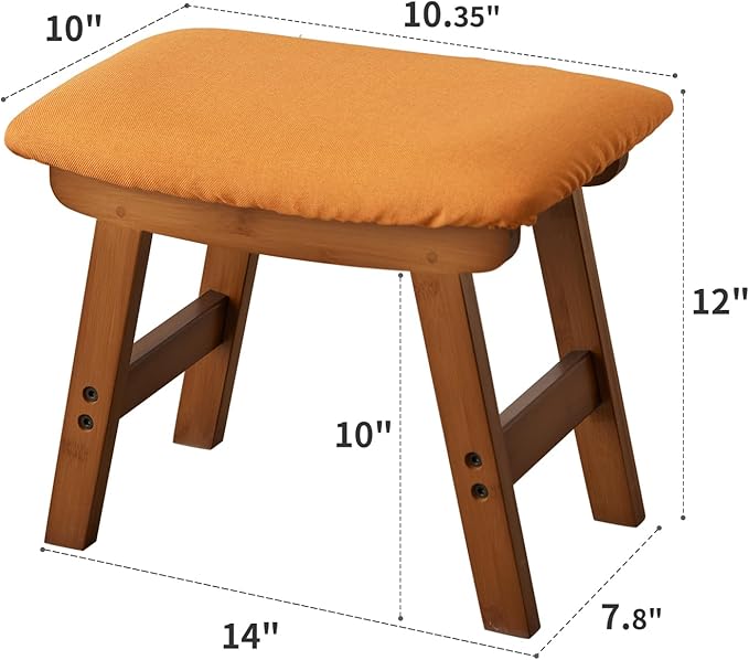 Kitsanery Foot Stool,Ottoman,Bamboo Small Sofa Foot Rest Under Desk,Extra Seating for Living Room, Bedroom and Kitchen(Brown Stool Legs - Orange Surface)