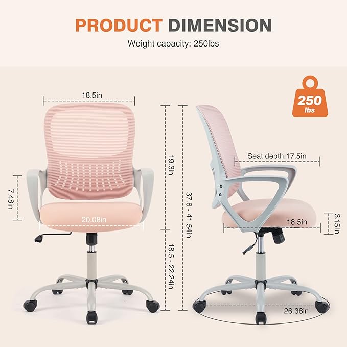 Sweetcrispy Ergonomic Mid-Back Mesh Home Office Desk Chair with Wheels, Managerial Executive Chair with Lumbar Support, and Comfortable Armrests for Home, Bedroom, Study, Office, Pink