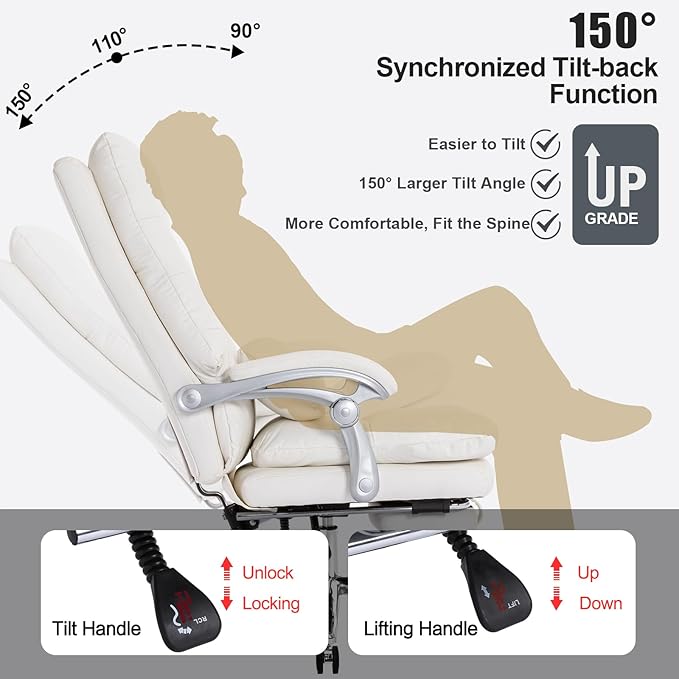 Office Chair with Foot Rest - High Back Executive Chair with Padded Linkage Armrests, Reclining Desk Chair with Wheels, Comfy Chair with Double Thick Cushion (Cream White)