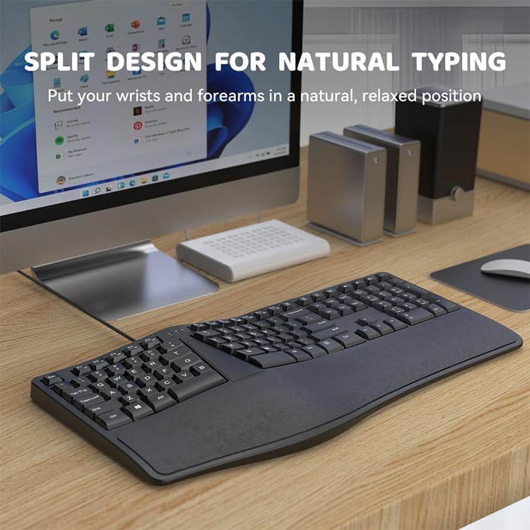 SurnQiee Ergonomic Keyboard Wired with Cushioned Wrist Rest, 110 Keys Split Keyboard for PC (Black)