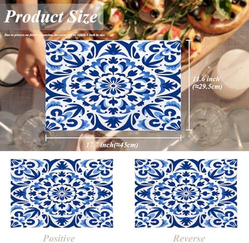 Shrahala Blue White Set of 4 12 X 18 Inch Linen Placemats, Delicate Floral Burlap Table Mat Washable Double Layered Heat Insulation for Indoor/Outdoor