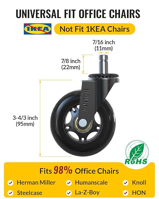 HOLKIE Office Chair Wheels Roller Blade Caster 11x22mm All Black 3 Inch Chair Wheels for Office Rubber Rolling Set of 5 for Carpet Hardwood Floors Gaming Smooth & Silence Gliding