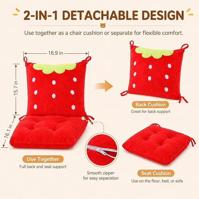 ChezMax Chair Cushion Plush Seat Cushion Back Cushion with Ties, Detachable Thickened Desk Chair Pads, Cartoon Waist Pillow Cushion Decor for Chair Car Office Patio Wheelchair, Cartoon Strawberry