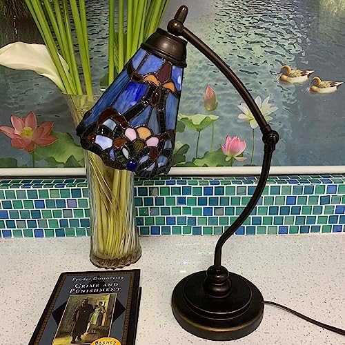 Bieye L10688 Tiffany Style Stained Glass Table Lamp Night Light with Swing Arm Base for Working Reading Home Decoration (Baroque Blue)