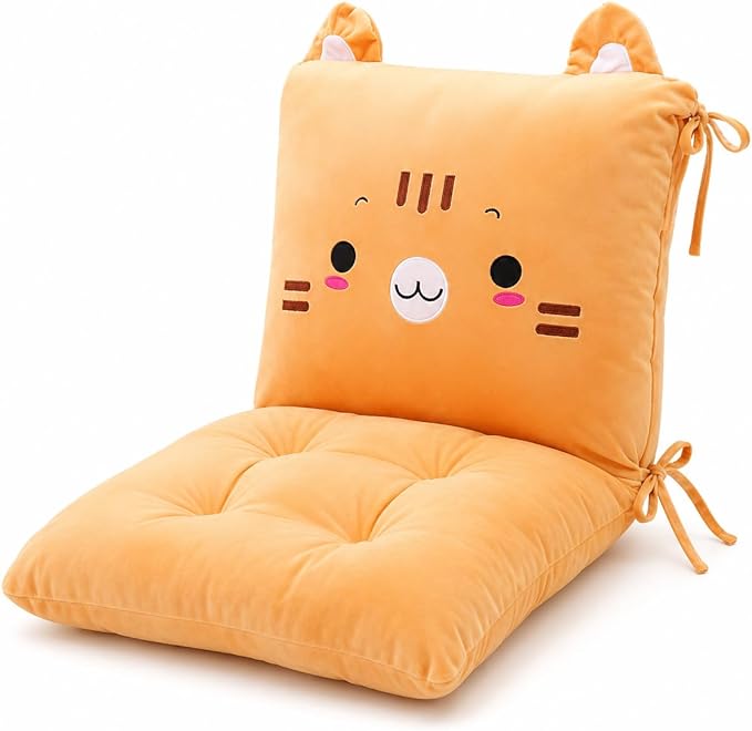 ChezMax Chair Cushion Plush Seat Cushion Back Cushion with Ties, Detachable Thickened Desk Chair Pads, Cartoon Waist Pillow Cushion Decor for Chair Car Office Patio Wheelchair, Cartoon Cat