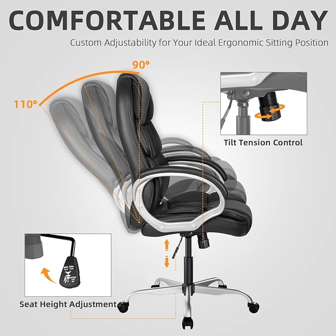 Furmax Leather High Back Office Chair Ergonomic Executive Office Chair Swivel Computer Desk Chair Lumbar Support Soft Cushioned Padded Arms (Ink Black)