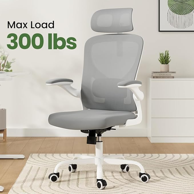JOSHEN Breathable Mesh Elegance Office Chair, Modern Refined Office Chair with Adjustable Lumbar & Headrest, Minimalist Single Sofa Chairs for Home Office & Study, Gray,White