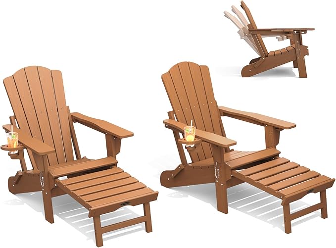 THOEOE Adjustable Adirondack Chair with Retractable Ottoman, HDEP Folding Adirondack Chairs with Footrest 2-in-1 Cup Holder, All Weather Outoor Fire Pit Chair with Foot Rest Set 2 Wood
