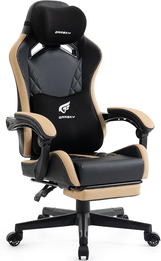 Ergonomic Gaming Chair for Adults with Footrest - PU Leather Computer Gamer Chair with Memory Foam Headrest & Lumbar Pillow, Reclining Silla Gamer Video Game Chair for Home Office, Black & Yellow